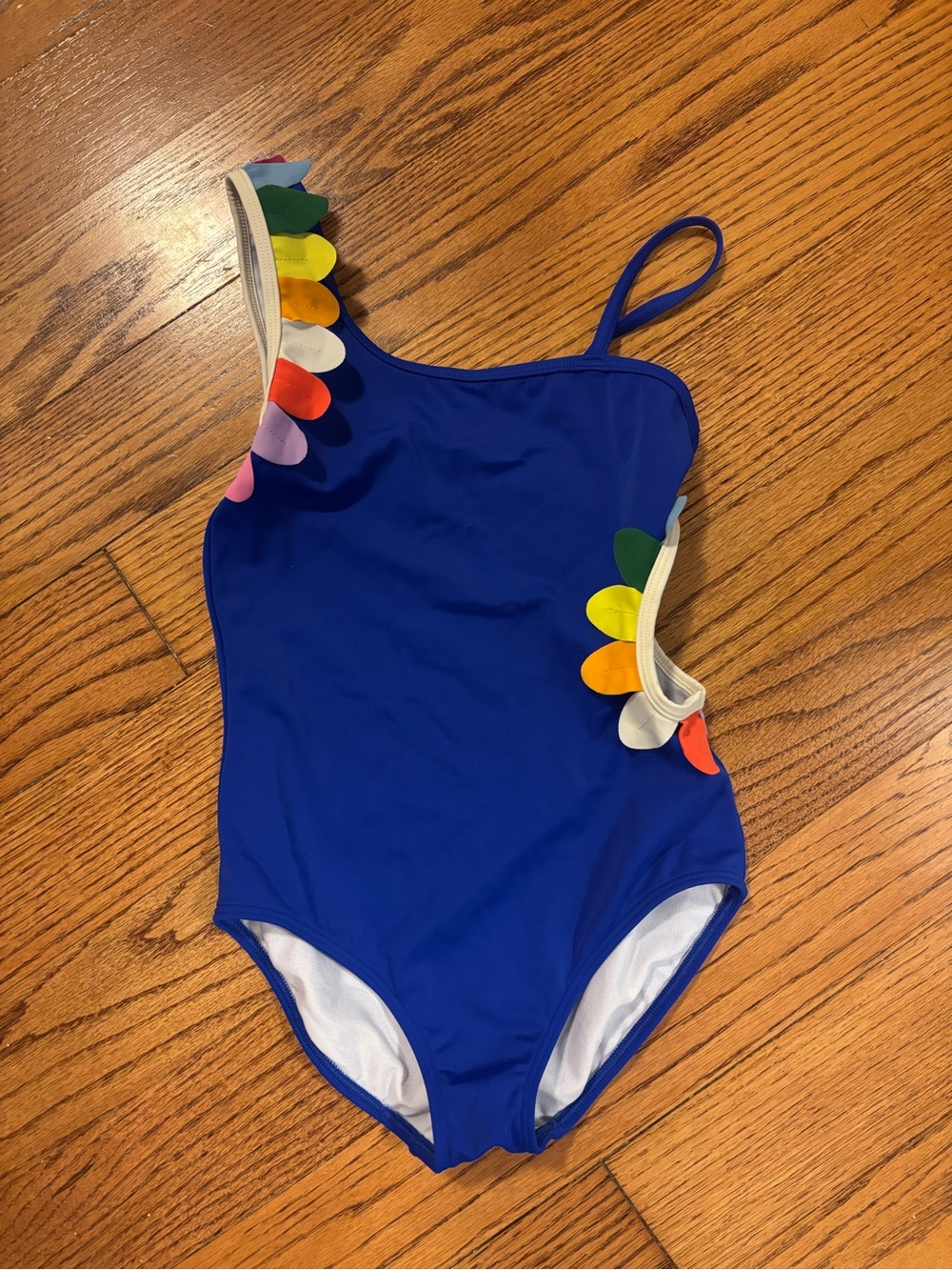 Kids Mini Boden Royal Blue One-Piece Swimsuit with Rainbow Petal Trim
